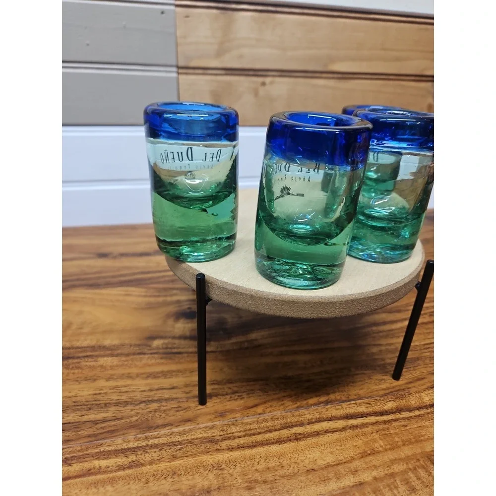 Lot of 4 Del Dueno Anejo Tequila Shooter Hand Blown Blue‎ Green Rim Shot Glasses